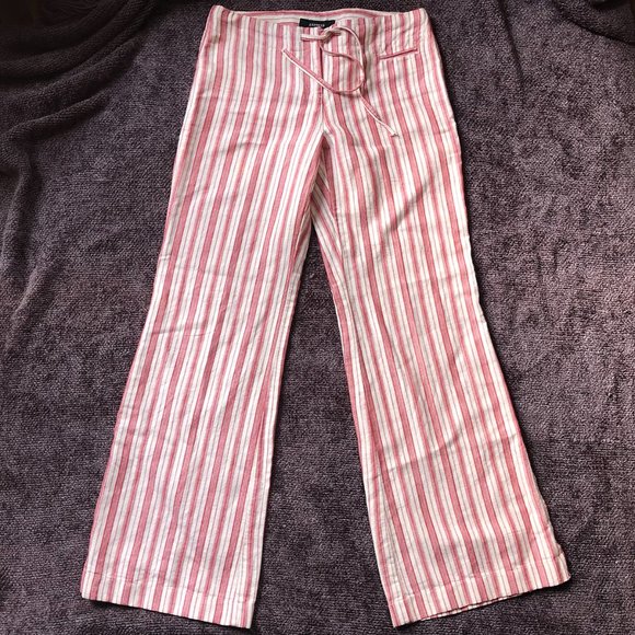 Express, Linen and Cotton, Red and Cream Striped Wide Leg Pant, Size 3/4 - Picture 2 of 11